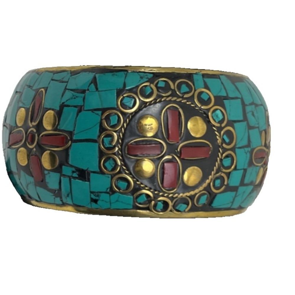 Mexico Hand Made Turquoise Coral Inlay Wide Bangle Brass Bracelet
